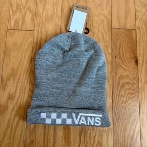 Vans Mens Gray Beanie‎ Hat One Size Checkerboard Logo "Off The Wall" Knit